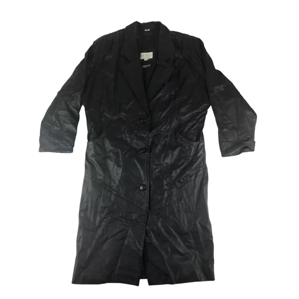 Petite Sophisticate‎ Womens Black Leather Pockets Button Up Trench Coat Size S